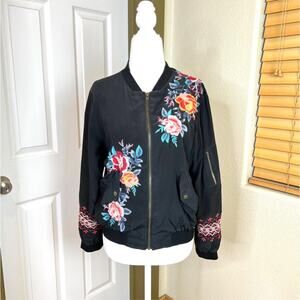 Johnny Was Floral Embroidered Silk Bomber Zip Up Jacket.